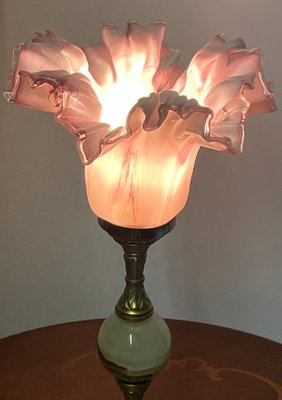 Table Lamp Brass Onyx with Glass Shade, 1950s-NGU-2016648