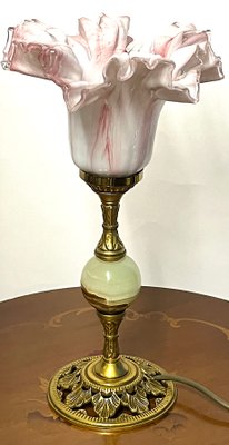 Table Lamp Brass Onyx with Glass Shade, 1950s-NGU-2016648