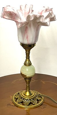 Table Lamp Brass Onyx with Glass Shade, 1950s-NGU-2016648