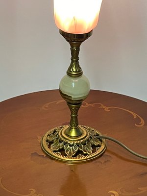 Table Lamp Brass Onyx with Glass Shade, 1950s-NGU-2016648