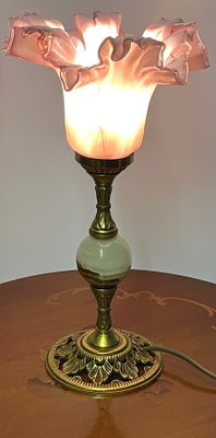 Table Lamp Brass Onyx with Glass Shade, 1950s-NGU-2016648