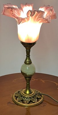 Table Lamp Brass Onyx with Glass Shade, 1950s-NGU-2016648