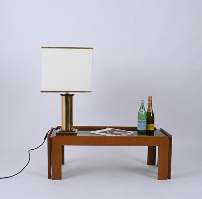 Table Lamp in Brass and White Silk Lampshade, Italy, 1970s-JDR-1722832