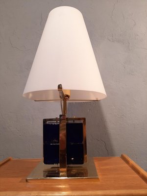 Table Lamp in Brass with Blue Glass Cubes and White Opaline Cone, 1990s-OHK-830375