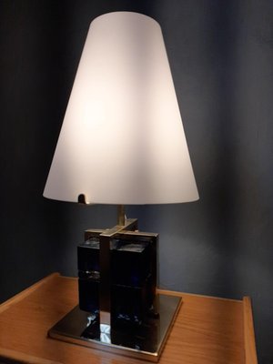 Table Lamp in Brass with Blue Glass Cubes and White Opaline Cone, 1990s-OHK-830375