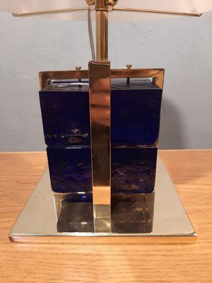 Table Lamp in Brass with Blue Glass Cubes and White Opaline Cone, 1990s-OHK-830375