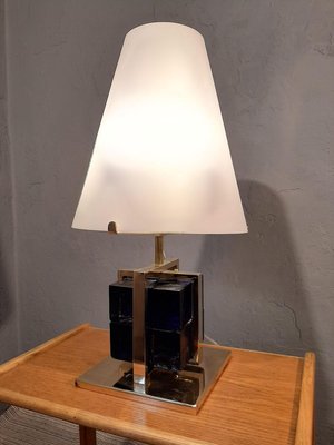 Table Lamp in Brass with Blue Glass Cubes and White Opaline Cone, 1990s-OHK-830375