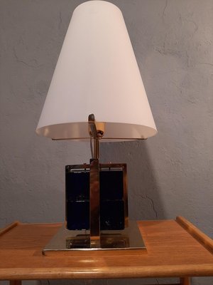 Table Lamp in Brass with Blue Glass Cubes and White Opaline Cone, 1990s-OHK-830375