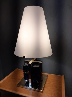 Table Lamp in Brass with Blue Glass Cubes and White Opaline Cone, 1990s-OHK-830375