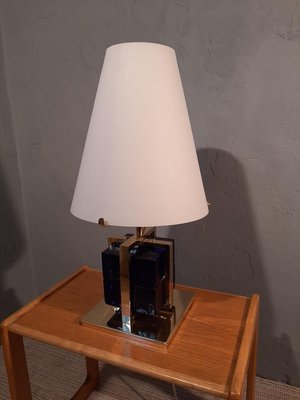 Table Lamp in Brass with Blue Glass Cubes and White Opaline Cone, 1990s-OHK-830375