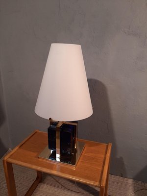 Table Lamp in Brass with Blue Glass Cubes and White Opaline Cone, 1990s-OHK-830375