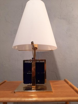 Table Lamp in Brass with Blue Glass Cubes and White Opaline Cone, 1990s-OHK-830375