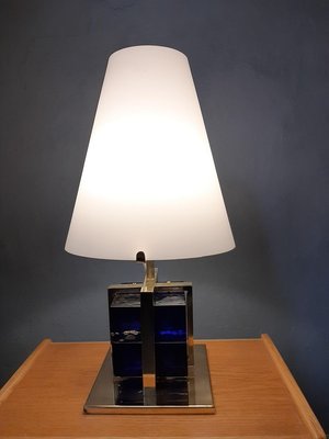 Table Lamp in Brass with Blue Glass Cubes and White Opaline Cone, 1990s-OHK-830375