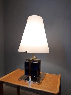 Table Lamp in Brass with Blue Glass Cubes and White Opaline Cone, 1990s-OHK-830375