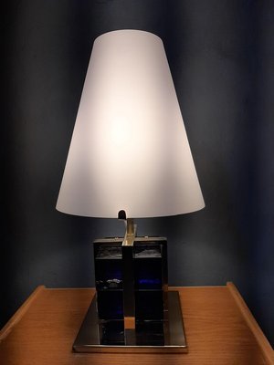 Table Lamp in Brass with Blue Glass Cubes and White Opaline Cone, 1990s-OHK-830375