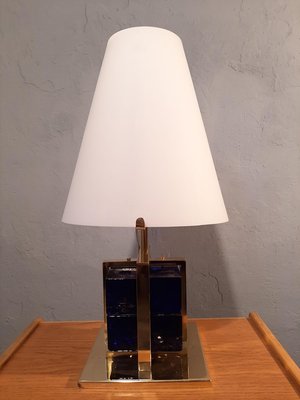 Table Lamp in Brass with Blue Glass Cubes and White Opaline Cone, 1990s-OHK-830375