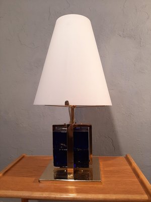 Table Lamp in Brass with Blue Glass Cubes and White Opaline Cone, 1990s-OHK-830375