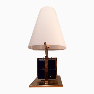 Table Lamp in Brass with Blue Glass Cubes and White Opaline Cone, 1990s-OHK-830375