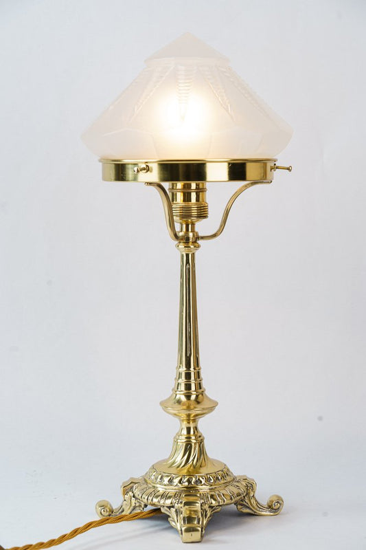 Table Lamp with Antique Glass Shade, Vienna, 1890s