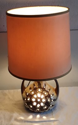 Table Lamp with Brown and Beige Ceramic Base, Interior Lighting and Beige Fabric Shade, 1970s-HOI-1293332