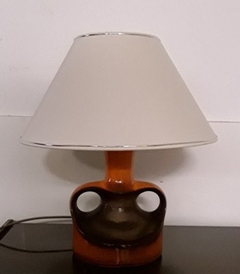 Table Lamp With Ceramic Stem In Orange and Brown & Creamy White Shade, 1970s-HOI-831769