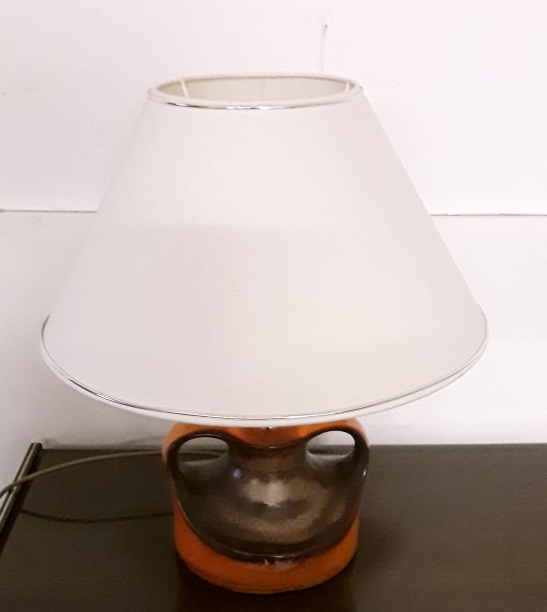 Table Lamp With Ceramic Stem In Orange and Brown & Creamy White Shade, 1970s