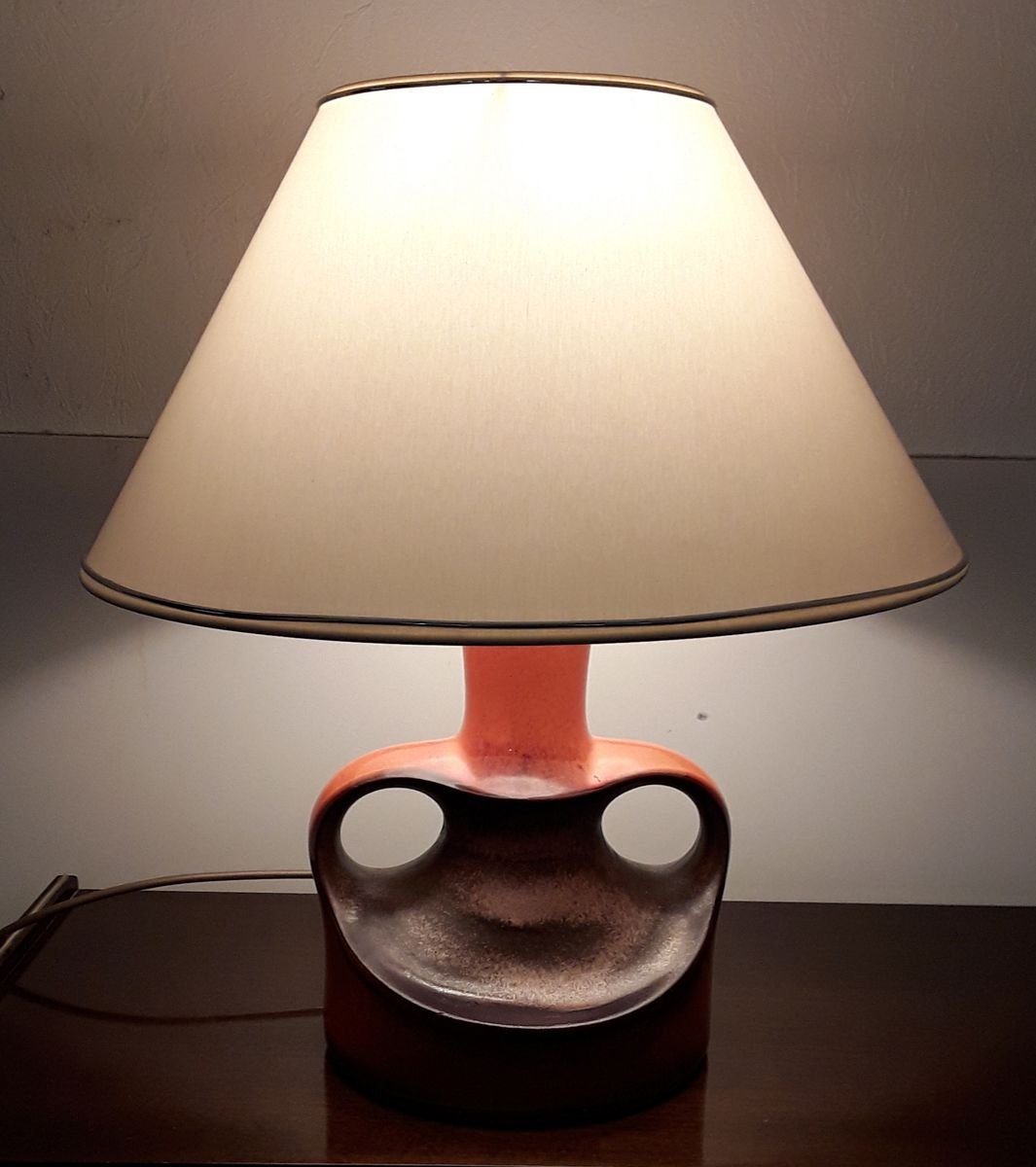 Table Lamp With Ceramic Stem In Orange and Brown & Creamy White Shade, 1970s