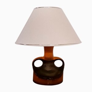 Table Lamp With Ceramic Stem In Orange and Brown & Creamy White Shade, 1970s-HOI-831769