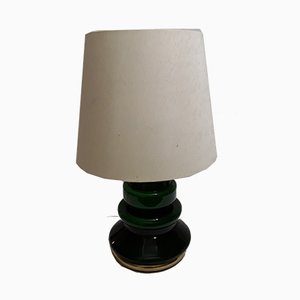 Table Lamp with Green Glass Casing & Beige Wool Shade, 1970s-HOI-777116