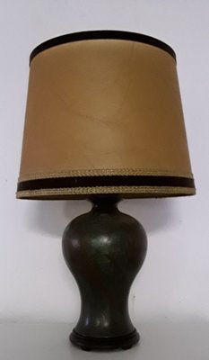 Table Lamp with Green Patinated Brass Base & Parchment Shade with Brown Border, 1930s-HOI-1138820