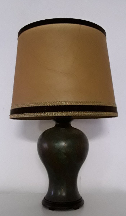 Table Lamp with Green Patinated Brass Base & Parchment Shade with Brown Border, 1930s