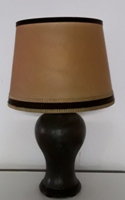 Table Lamp with Green Patinated Brass Base & Parchment Shade with Brown Border, 1930s-HOI-1138820