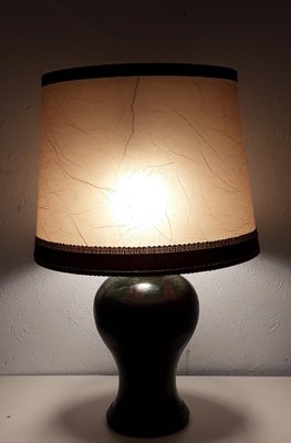 Table Lamp with Green Patinated Brass Base & Parchment Shade with Brown Border, 1930s-HOI-1138820