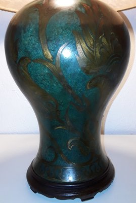 Table Lamp with Green Patinated Brass Base & Parchment Shade with Brown Border, 1930s-HOI-1138820