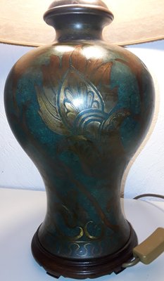 Table Lamp with Green Patinated Brass Base & Parchment Shade with Brown Border, 1930s-HOI-1138820