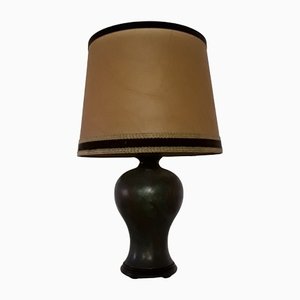 Table Lamp with Green Patinated Brass Base & Parchment Shade with Brown Border, 1930s-HOI-1138820