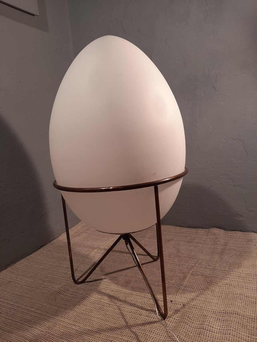 Table Lamp with Iron Structure & Egg-Shaped Opal Glass Shade in the Style of Stilnovo, 1990s