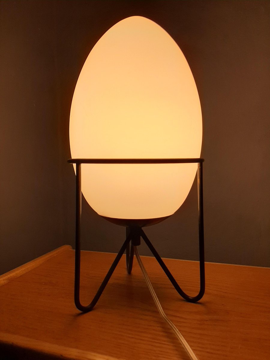 Table Lamp with Iron Structure & Egg-Shaped Opal Glass Shade in the Style of Stilnovo, 1990s