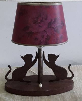 Table Lamp with Oval Teak Base, 2 Cats on Metal Scratching Post & Red Printed Oval Cardboard Shade, 1970s-HOI-1279467