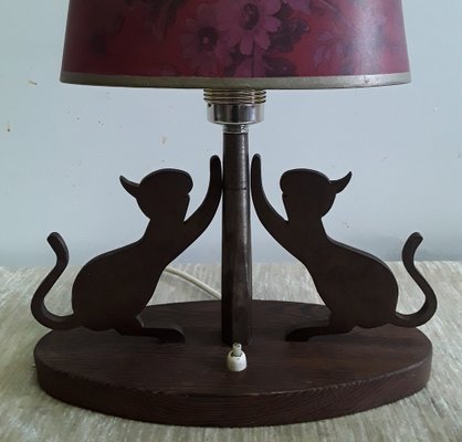 Table Lamp with Oval Teak Base, 2 Cats on Metal Scratching Post & Red Printed Oval Cardboard Shade, 1970s-HOI-1279467