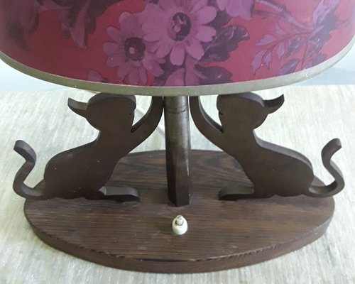 Table Lamp with Oval Teak Base, 2 Cats on Metal Scratching Post & Red Printed Oval Cardboard Shade, 1970s-HOI-1279467