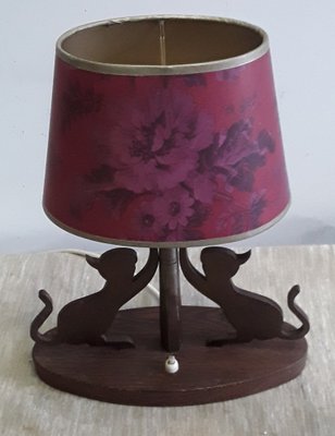 Table Lamp with Oval Teak Base, 2 Cats on Metal Scratching Post & Red Printed Oval Cardboard Shade, 1970s-HOI-1279467