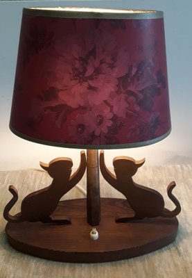 Table Lamp with Oval Teak Base, 2 Cats on Metal Scratching Post & Red Printed Oval Cardboard Shade, 1970s-HOI-1279467