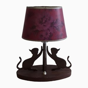 Table Lamp with Oval Teak Base, 2 Cats on Metal Scratching Post & Red Printed Oval Cardboard Shade, 1970s-HOI-1279467