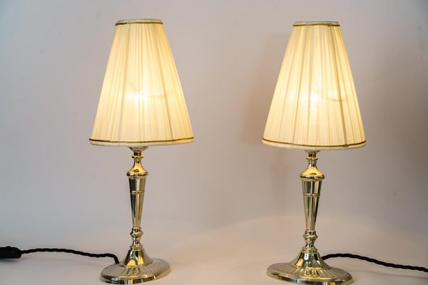 Table Lamps Alpaca with Oval Base and Fabric Shades, Vienna, 1920s, Set of 2-SPD-1702622