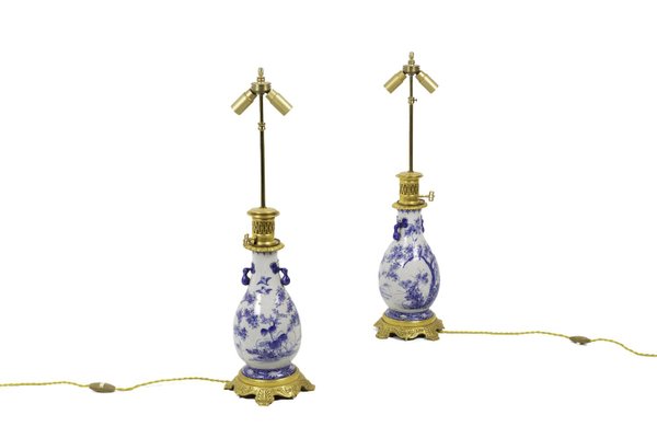 Table Lamps in Blue and White Earthenware and Gilt Bronze, 1880s, Set of 2-CEJ-689039