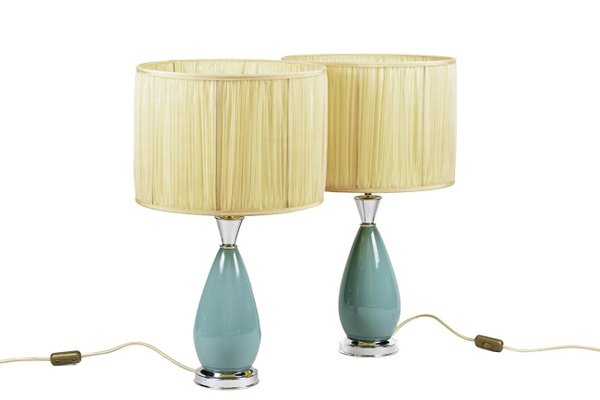 Table Lamps in Blue Porcelain and Silvered Brass, 1970s, Set of 2-CEJ-678605