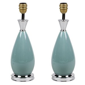 Table Lamps in Blue Porcelain and Silvered Brass, 1970s, Set of 2-CEJ-678605