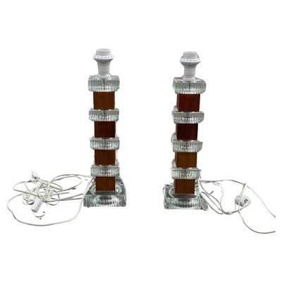 Table Lamps in Glass & Teak attributed to Orrefors, Sweden, 1967, Set of 2-MXB-1736611