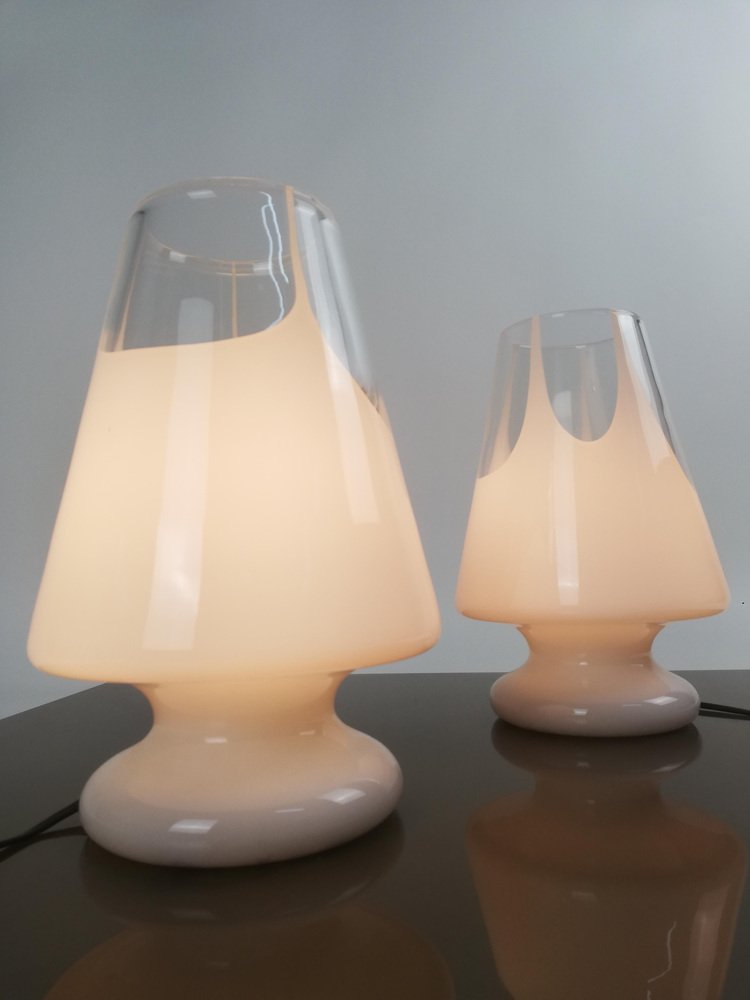 Table Lamps in White Artistic Murano Glass from Prima Luce, Italy, 1970s, Set of 2